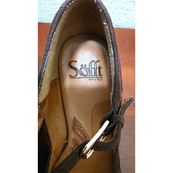 Söfft Women's Suede T-Strap Peep-Toe Heels Brown & Burgundy 3" Heel Size 6 - Picture 4 of 7
